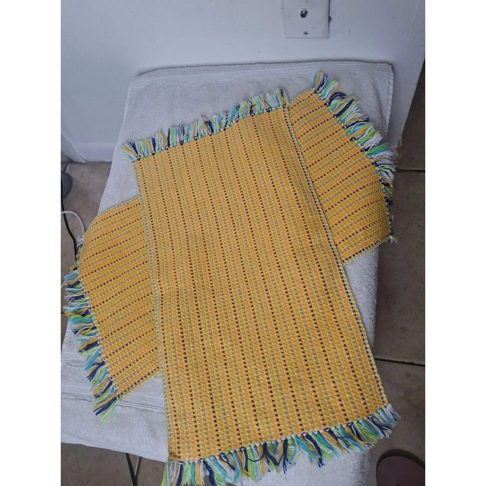 Vintage Yellow Woven Placemats Set of 2 Boho Multi Color Fringe Table Decor